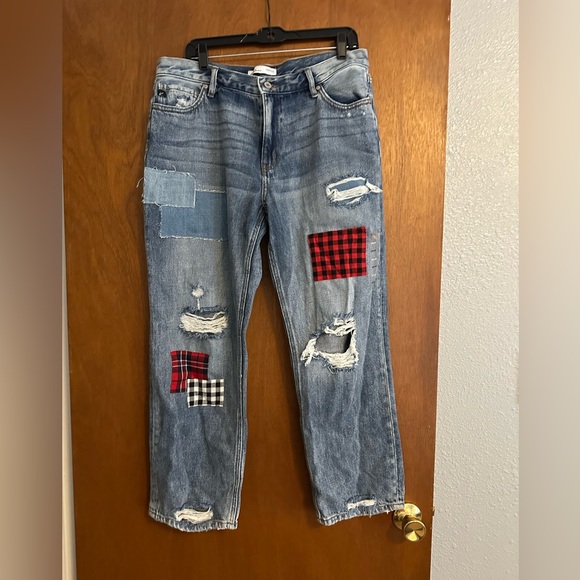 KanCan Denim - KanCan Distressed Cropped Patchwork Jeans in Light Blue with Red & Black Plaid